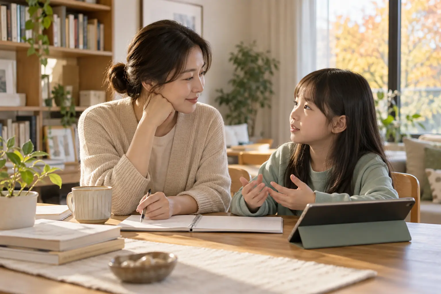 집에서 서로의 이야기를 듣는 보호자와 아이